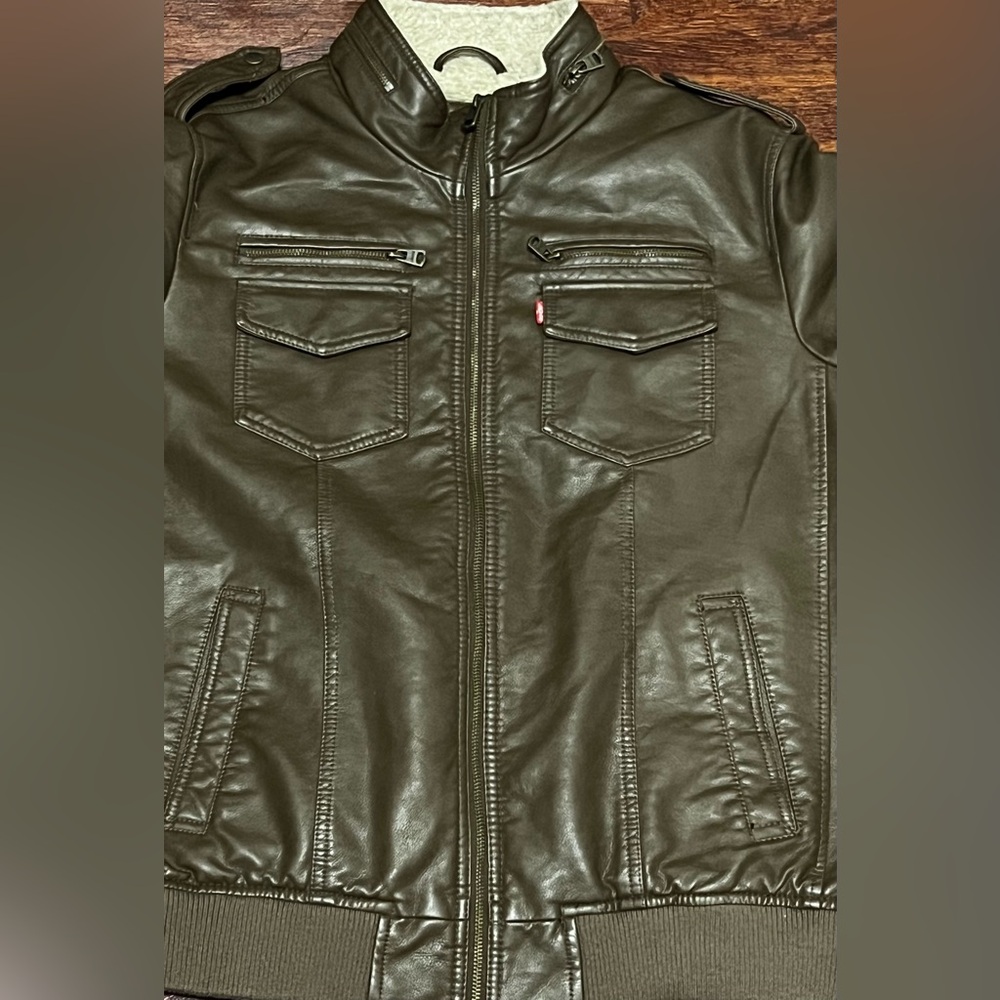 LEVI STRAUSS & CO BROWN FAUX LEATHER FLEECE LINED JACKET SZ large preowned - Picture 8 of 11